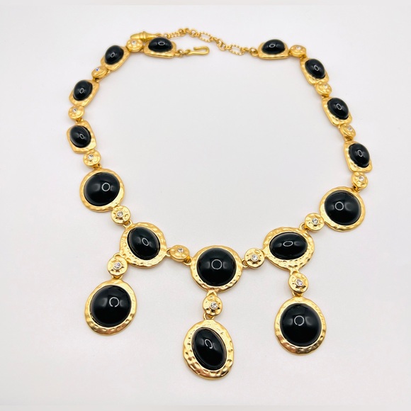 Kenneth Jay Lane Gold Tone & Faux Onyx Cabochon & Rhinestone Statement Necklace - Picture 1 of 7